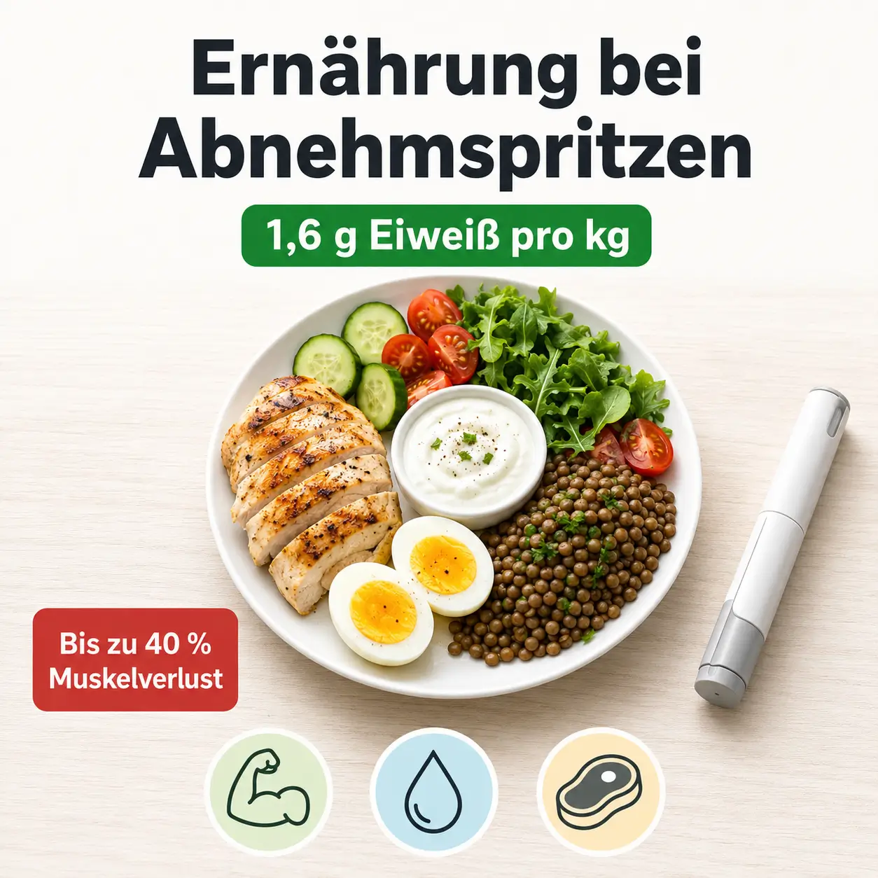 Ernährung bei Abnehmspritzen mit eiweißreichem Teller und neutralem Injektionspen
