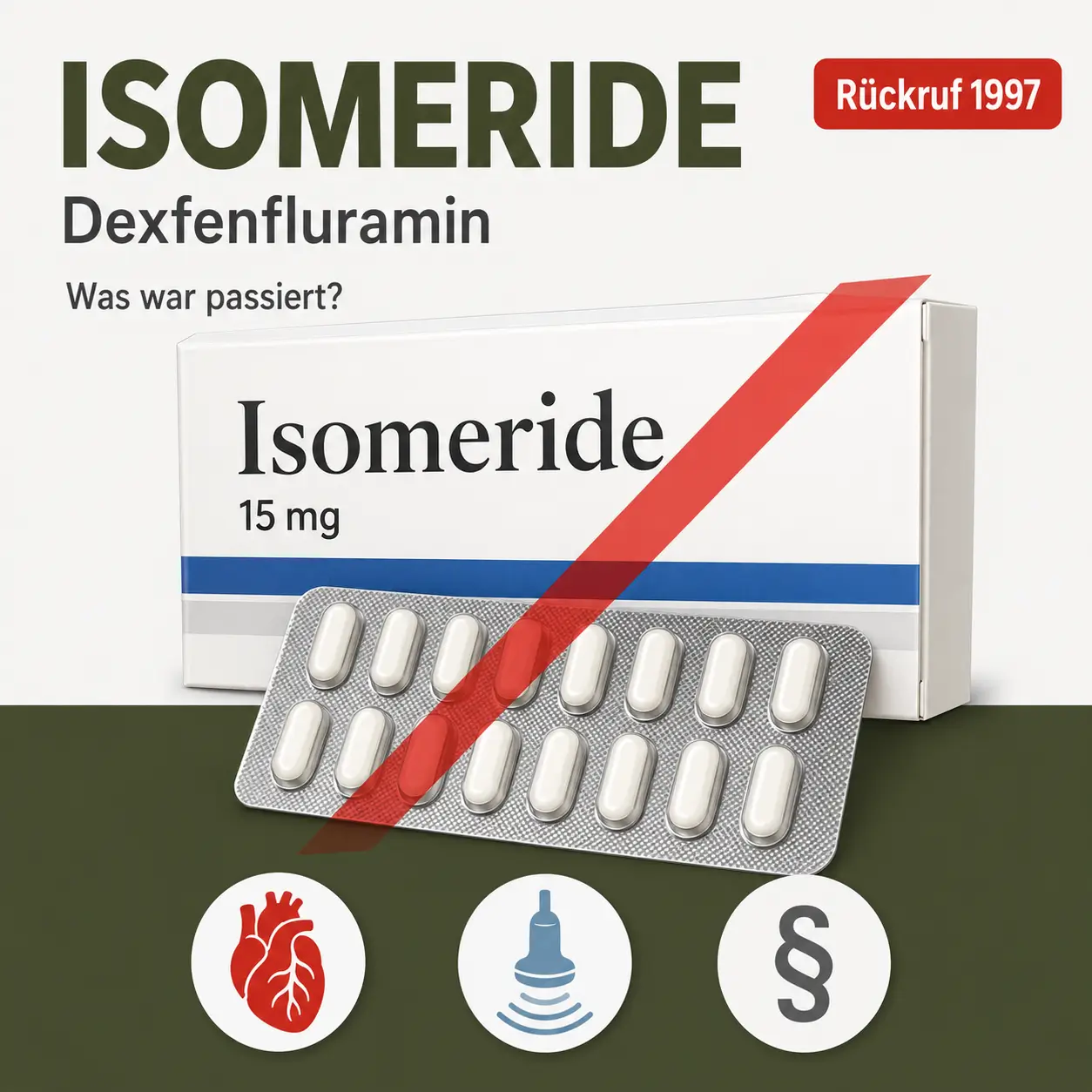 Isomeride mit Dexfenfluramin, Packung mit rotem Sperrsymbol und Hinweis auf den Rückruf