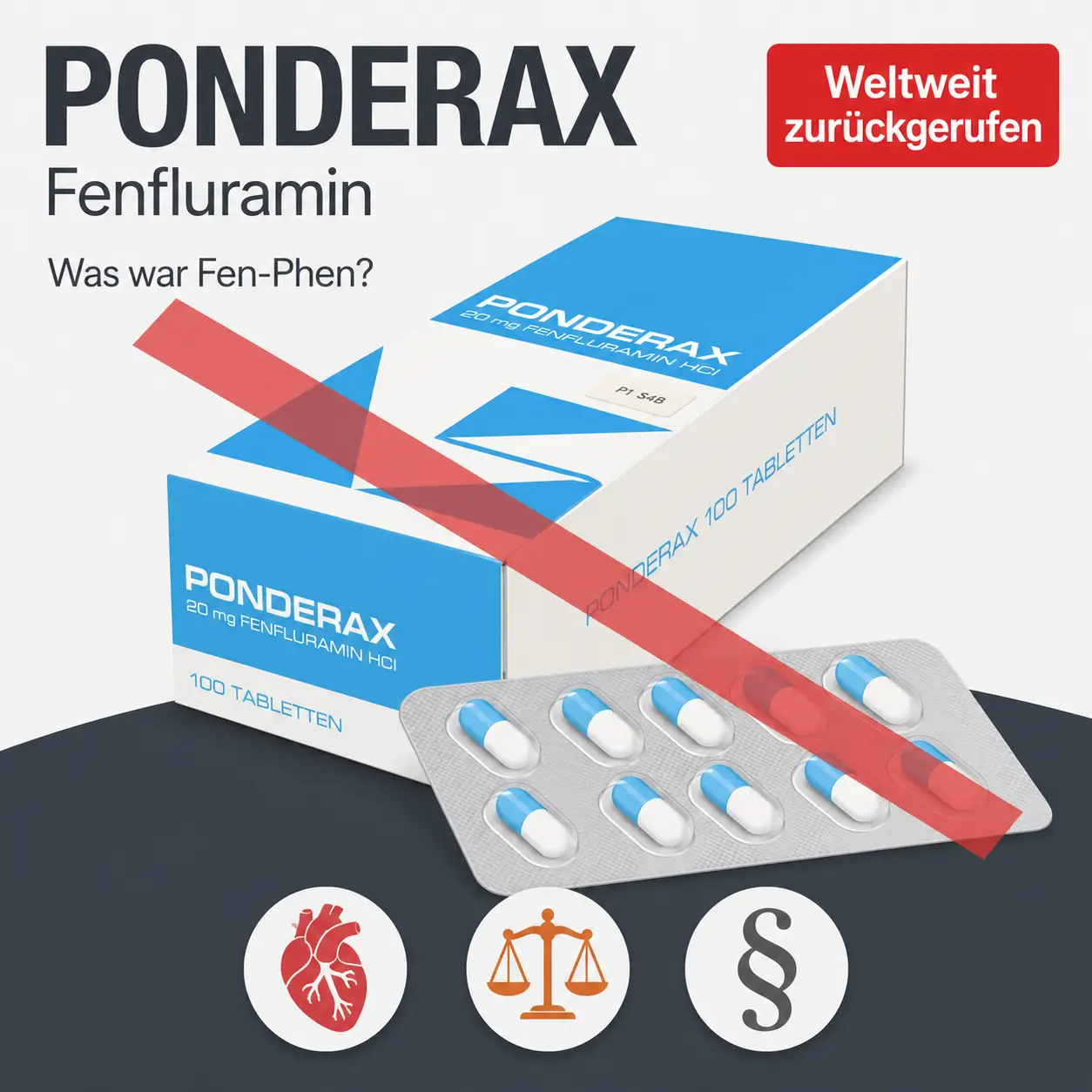 Ponderax mit Fenfluramin, Packung mit rotem Sperrsymbol und Hinweis auf den weltweiten Rückruf