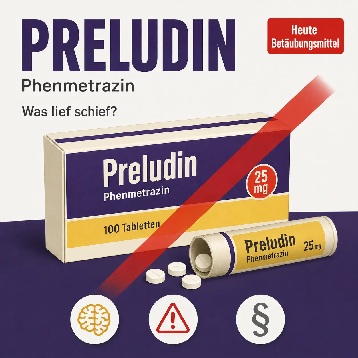 Preludin mit Phenmetrazin, Packung mit rotem Sperrsymbol und Hinweis auf den Betäubungsmittelstatus