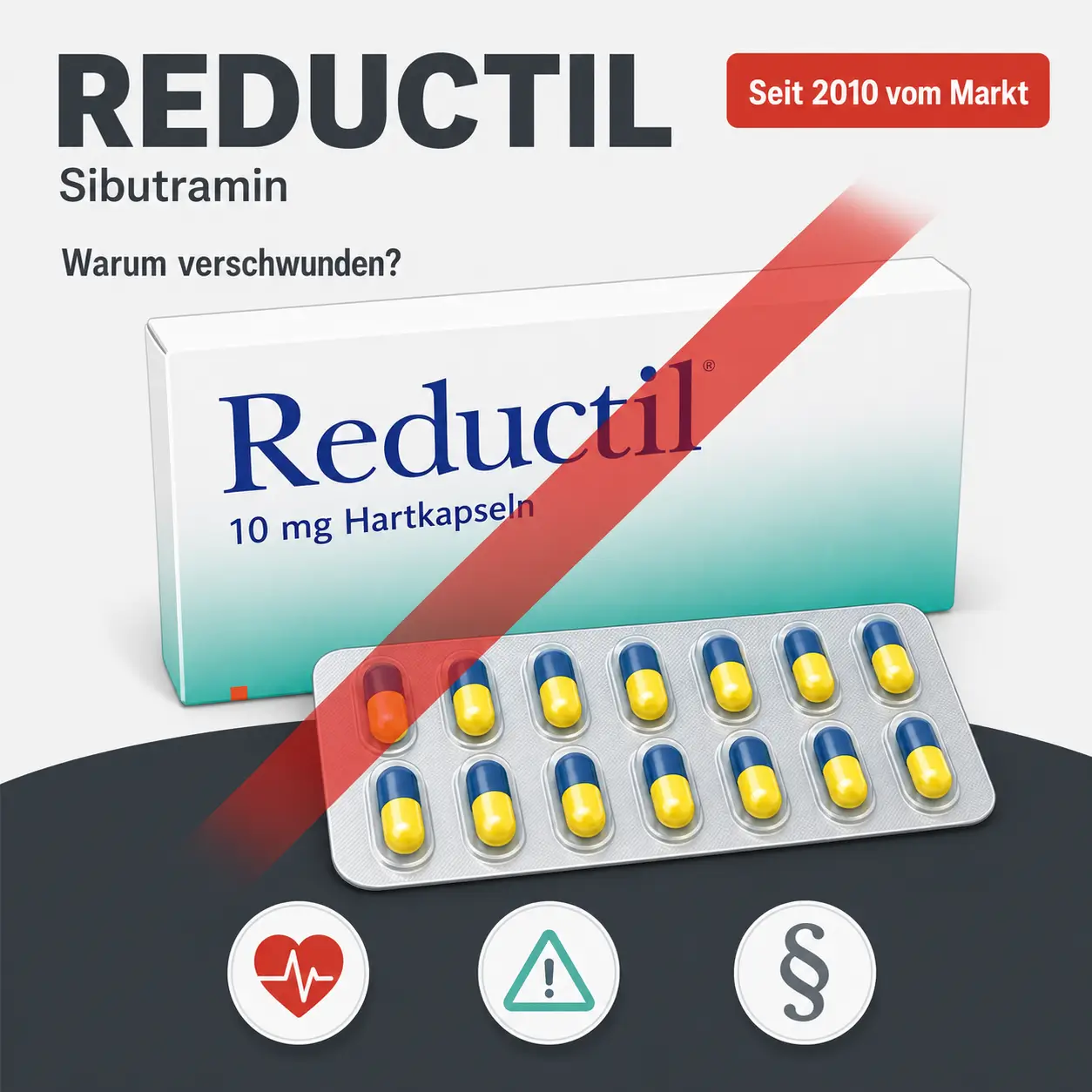 Reductil mit Sibutramin, Packung mit rotem Sperrsymbol und Hinweis auf die Marktrücknahme