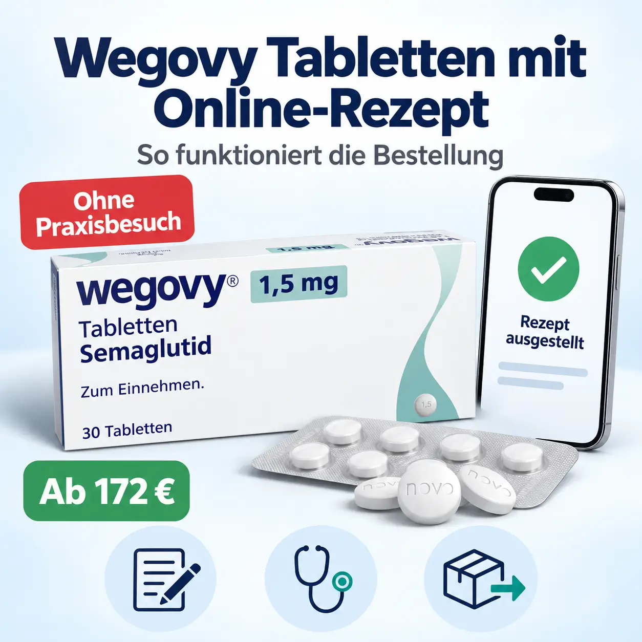 Wegovy Tabletten Packung mit Blister und Smartphone, das ein ausgestelltes Online-Rezept anzeigt